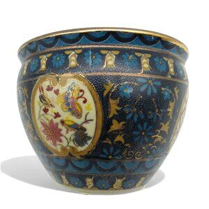FISH BOWL Ming Dynasty Floral Butterfly Bird Blue And Gold Accents 5" Vintage